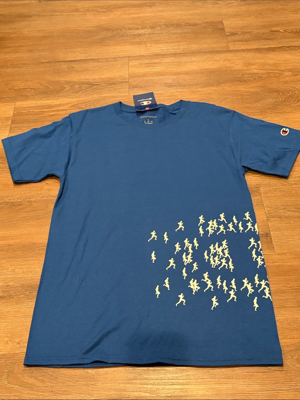 Champion Blue Short-Sleeve Tee with Yellow Running Graphic Small